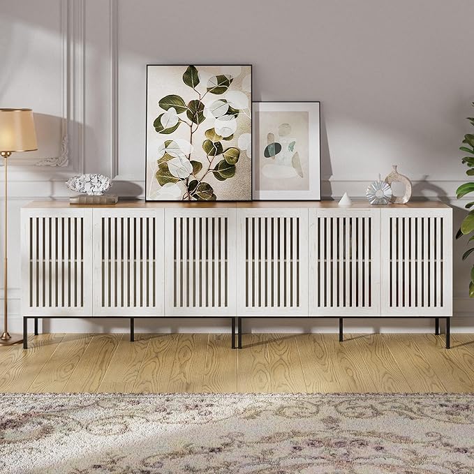 Farmhouse TV Stand for 100 Inch TVs, 2-in-1 Entertainment Center with Storage Cabinets & Metal Base, Antique White Media Console for Living Room