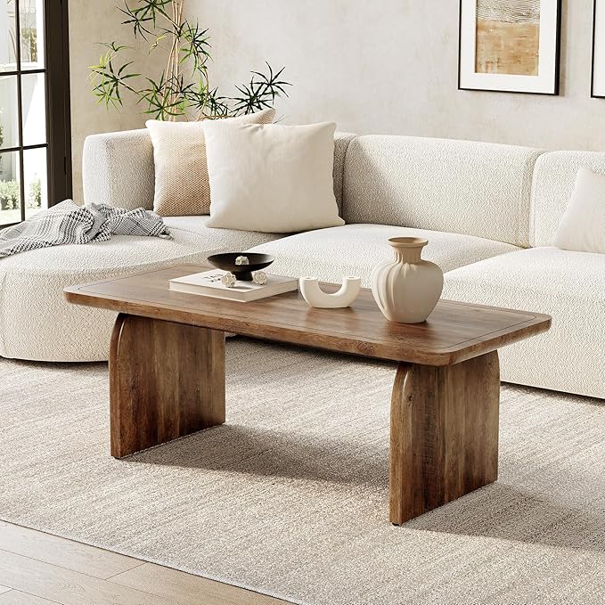 LITTLE TREE Farmhouse Coffee Table, 47 Inches Wooden Center Tables with Rounded Corners, Rectangular Living Room Tables, Modern Low Cocktail Tea Furniture for Living Room (Rustic Brown)