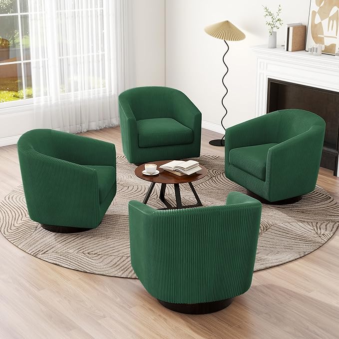 UIXE Swivel Accent Chair, Upholstered Corduroy Barrel Chair for Living Room, Small Single Sofa Bedroom Reading Seat, Set of 4, Dark Green
