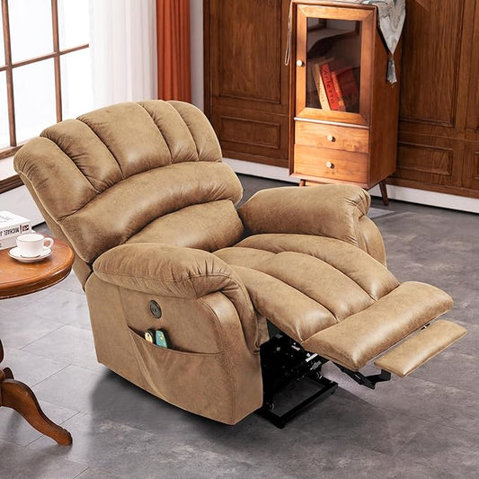 VIVIJASON Tall Man Large Power Lift Recliner Chair with Extended Footrest for Elderly, Overstuffed Wide Electric Lift Chair with Heat & Massage, 2 Remote Controls, Side Pockets & USB Ports, Sand