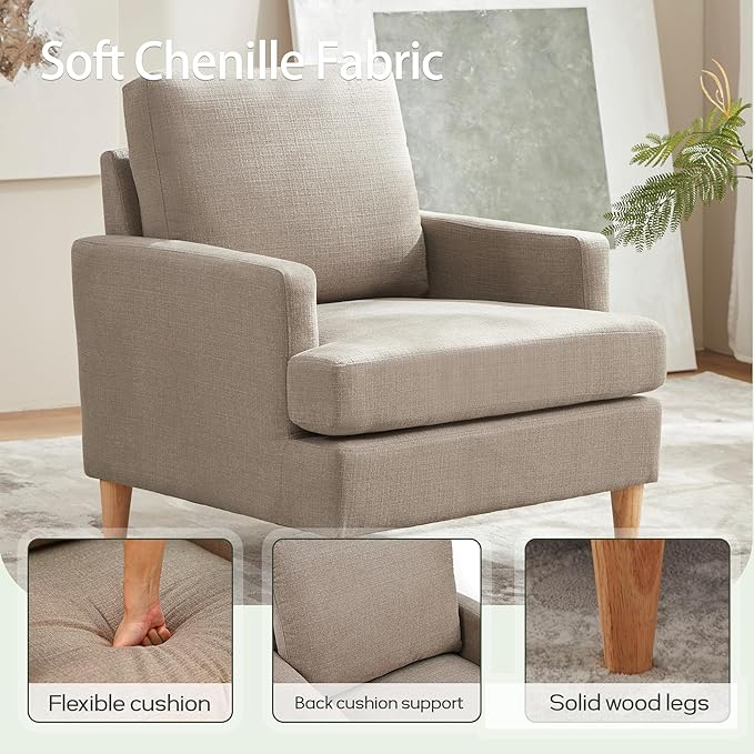 VKNOW Mid-Century Accent Chair, Modern Upholstered Chenille Armchair for Living Room,Comfy Reading Accent Chairs with Wood Legs for Bedroom, Brown Polyester
