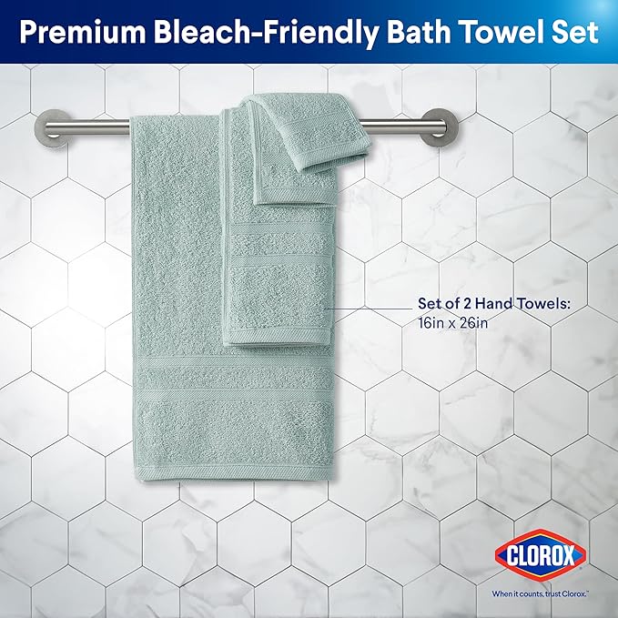 CLOROX Bleach Friendly Towels, Quick Dry, 100% Cotton Hand Towels (16" x 26"), Highly Absorbent Soft Lightweight, Ideal for Everyday Use, Easy to Wash (2 Pack, Mineral Blue)