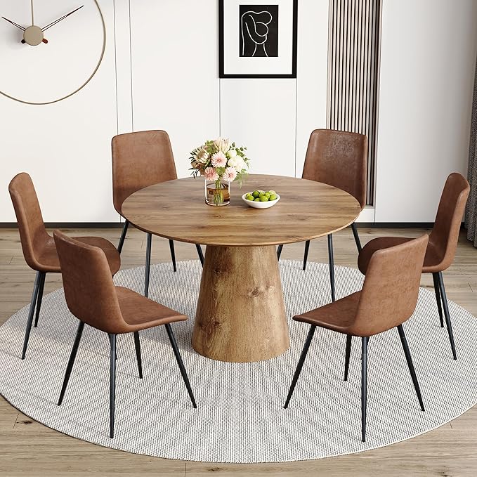 Round Dining Table Set for 6,45'' Farmhouse Dining Room Table Set for 6 with Suede Chairs,1" Thick Wood Pattern Tabletop with Conical Base,7 Pieces Kitchen Table Set for Dining Room,Apartment