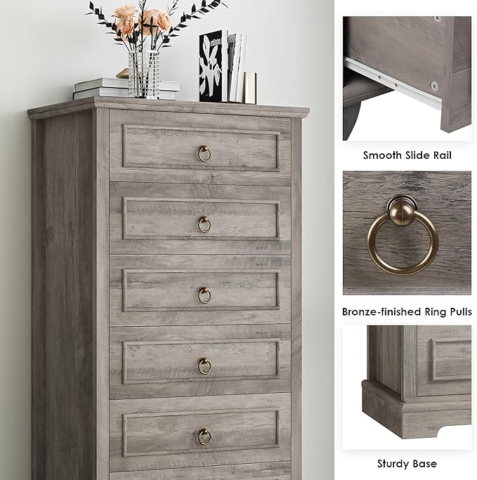 HOSTACK 6 Drawer Dresser for Bedroom, 52" Tall Dresser, Modern Farmhouse Vertical Chest of Drawers for Bedroom, Wooden Closet Chest, Wood Storage Cabinet for Living Room, Hallway, Entryway, Ash Grey