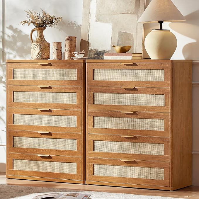 LEYAOYAO Rattan Dresser for Bedroom Set 2, 41" Tall Chest of Drawers, Modern 5 Drawers Boho Dressers with Storage, Light Oak Dresser Wooden Closet Organizer for Living Room, Hallway, Tea Brown
