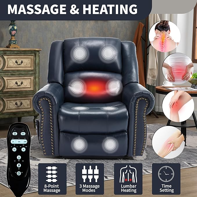 Dual Motor Power Lift Chair, Lay Flat Recliner Chair, Electric Recliner with Massage and Heat for Elderly, Remote Control, Infinite Position, Standing Assistance, USB Ports (Blue, Genuine Leather)