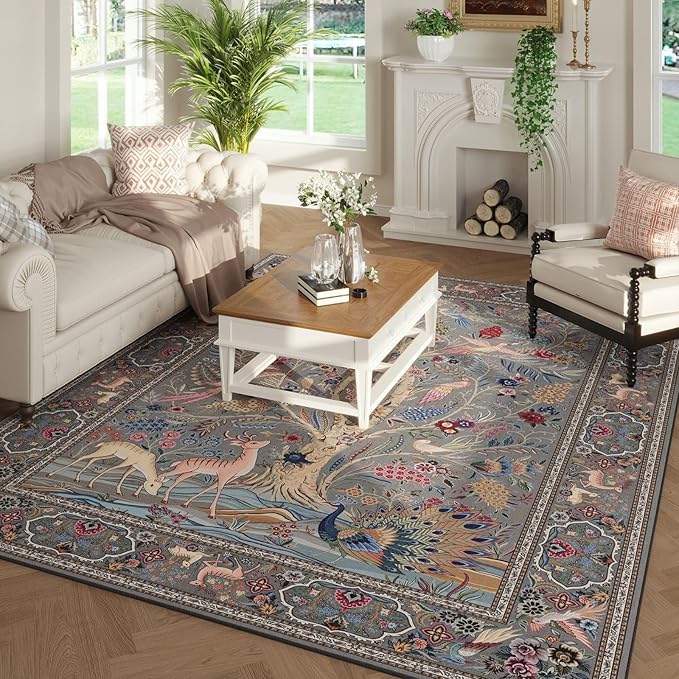 Area Rugs 5x7 Vibrant Tree of Life-Patterned Vintage Washable Area Rug Non Slip Low Pile Large Rugs for Living Room Bedroom Farmhouse Dining Room Kids Playroom, Grey