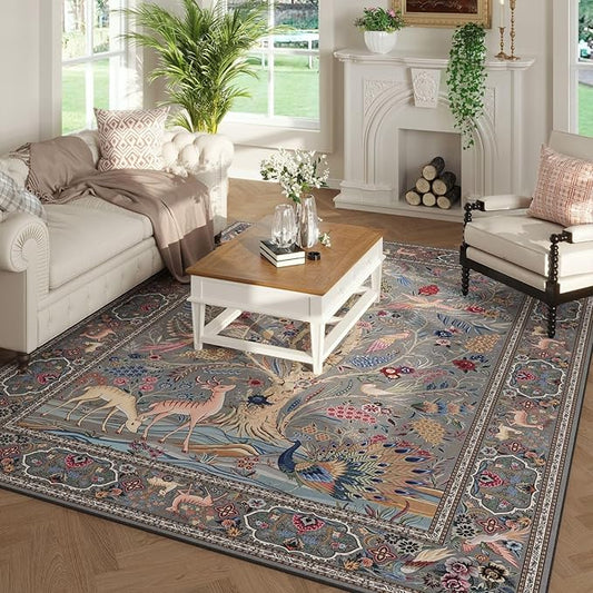 Area Rugs 5x7 Vibrant Tree of Life-Patterned Vintage Washable Area Rug Non Slip Low Pile Large Rugs for Living Room Bedroom Farmhouse Dining Room Kids Playroom, Grey