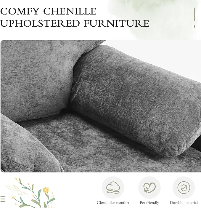 39" Modern Chenille Oversized Armchair, Wide Accent Chair, Mid Century Single Sofa Chairs, Comfy Upholstered Reading Chair for Living Room, Bedroom, and Apartment (Grey)