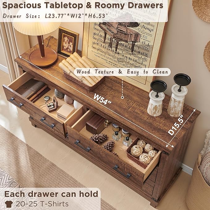 T4TREAM Farmhouse 6 Drawers Dresser for Bedroom, 54" Wide Wood Chest of Drawers w/Natural Texture & Metal Handle, Rustic Storage Dressers Organizer for Living Room, Hallway,Reclaimed Barnwood
