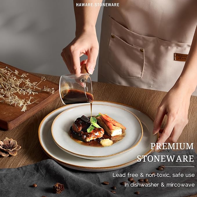 HaWare Dinnerware Sets, 24-Piece Stoneware Plates and Bowls Set, Dish Set for 8, Ceramic Dishware for Home Restaurant, Chip and Scratch Resistant, Microwave and Dishwasher Safe, Reactive Pearl White