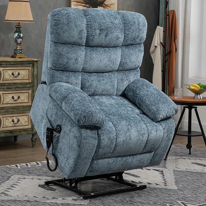 Luxlen Power Lift Recliner Chair for Elderly, Heat Massage Recliners, Dual Motor Oversized Lift Chair, Medium-Firm Electric Lift Recliners with Remote - Greyish Blue