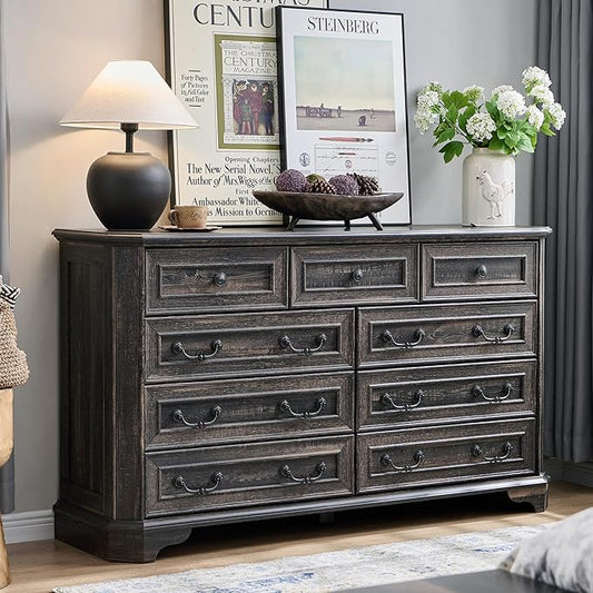 T4TREAM Farmhouse 9 Drawers Dresser for Bedroom, 54" Wide Wood Rustic Chest of Drawers with Natural Texture, Vintage Design, Storage Dressers Organizer for Bedroom, Living Room, Dark Rustic Oak