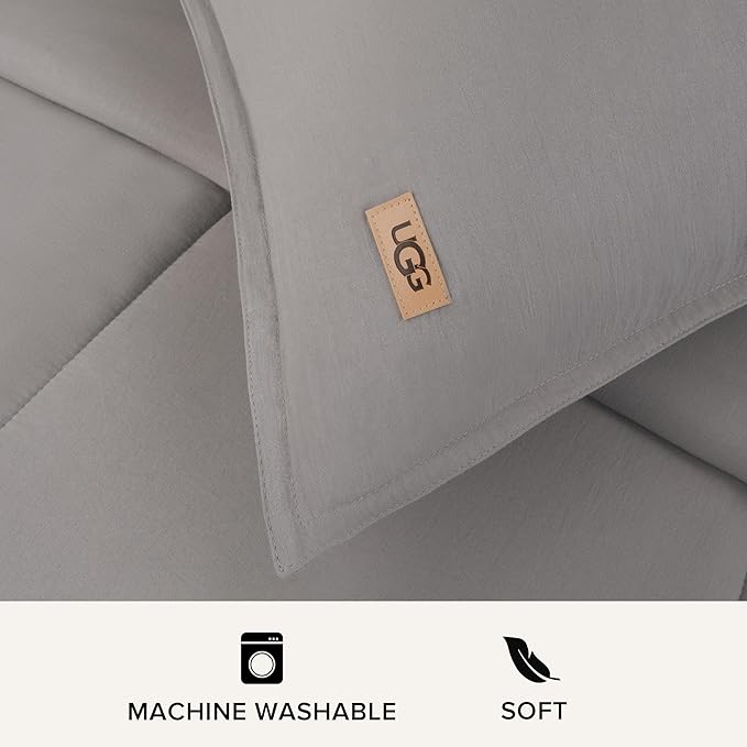 UGG Leonora Comforter Set with 2 Pillow Shams Lightweight Down Alternative Blanket Reversible Cozy Warm All Season Washable and Hypoallergenic Bedding Set, King, Light Grey