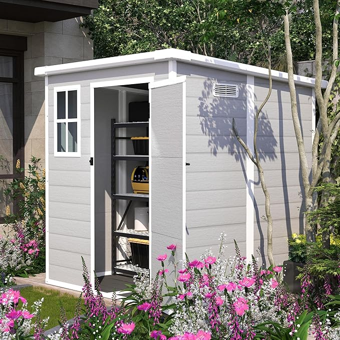 6x6 FT Outdoor Storage Resin Shed with Floor, Plastic Garden Tool Shed with Sloped Roof, Lockable Door & Windows, Easy to Assemble Bike Shed for Lawn, Backyard, Patio, White