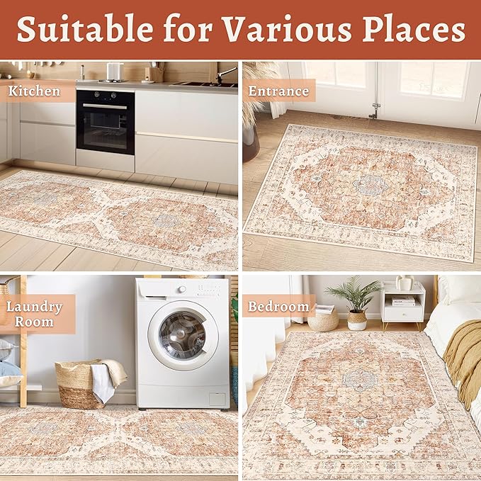 Tangsoo 8x10 Area Rug for Living Room, Washable Vintage Indoor Non Slip Large Area Rugs, Print Distressed Brick Red Carpet, Soft Low Pile Foldable for Bedroom Dining Room Dorm