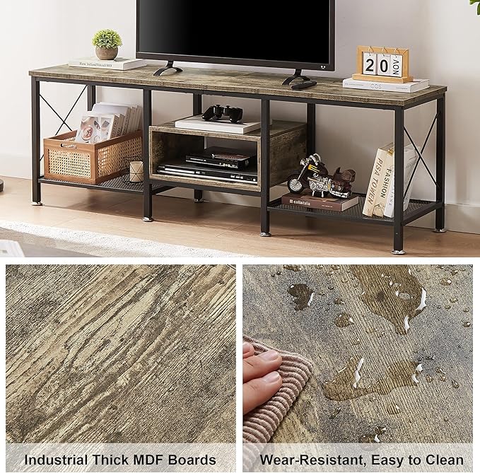 VECELO Industrial TV Stand for 75 Inch Television Cabinet 3-Tier Console with Open Storage Shelves, Entertainment Center Metal Frame for Living Room, Bedroom, 70 Inch, Light Grey