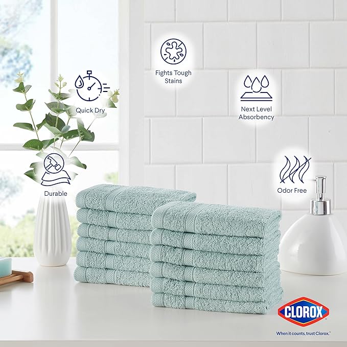 CLOROX Bleach Friendly, Quick Dry, 100% Cotton Washcloths (12" x 12"), Highly Absorbent Soft Lightweight, Ideal for Everyday Use, Easy to Wash (12 Pack, Mineral Blue)