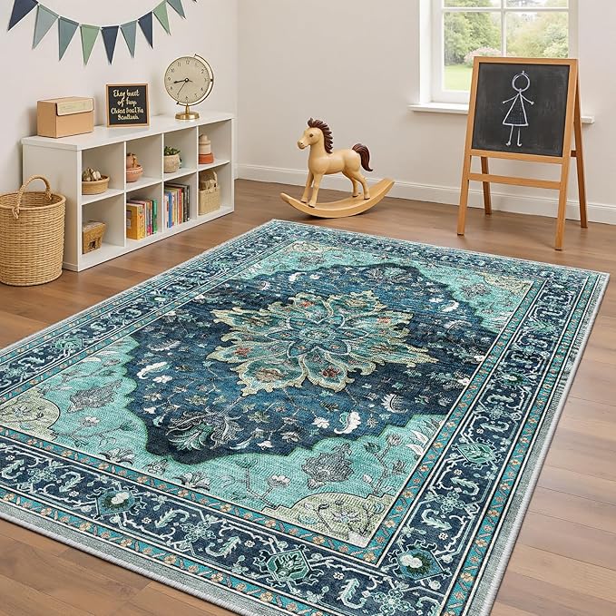 Area Rugs 4'x6' Washable Non-Slip, Floral Vintage Distress Print Pattern Medallion Carpet for Living Room Bedroom Dining Room, Teal Green Lake Blue Turquoise