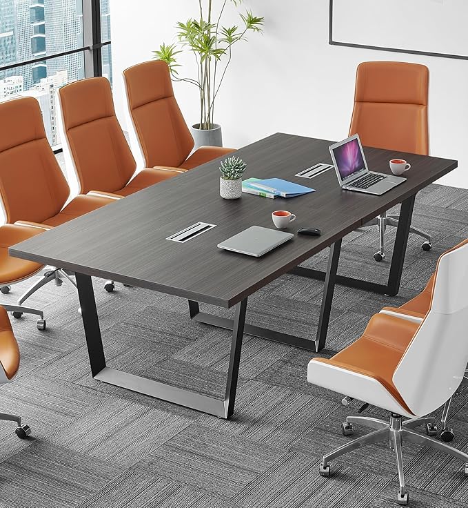 Sturdy Conference Table with Cable Management Grommets Modern Rectangle Office Meeting Table with Wood Tabletop and Metal Frame & Legs- Easy Assembly Boardroom Table (Grey, 8 Foot)
