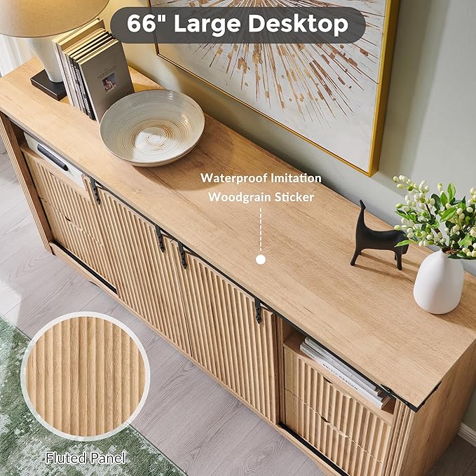 JXQTLINGMU Modern 66" TV Stand, Entertainment Center for TVs Up to 75", Media Console w/4 Drawers & Sliding Door, Wood Television Stand for Living Room, Luxury Fluted TV Stand w/Storage Shelves, Oak