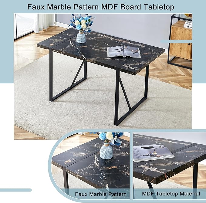 Dining Table Chairs Set for 4, Modern Rectangular Dining Room Table Set PU Leather Upholstered Dining Chairs 55" Dinner Table Set for Kitchen (B-Black, 55 inch Table + 4 Chairs)