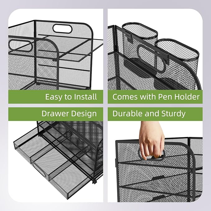 Desk Organizer and Accessories，4-tier Paper Letter Tray Organizer, Desk File Organizer with Drawers and 2 Pen Holders for School and Home Office Supplies (black)