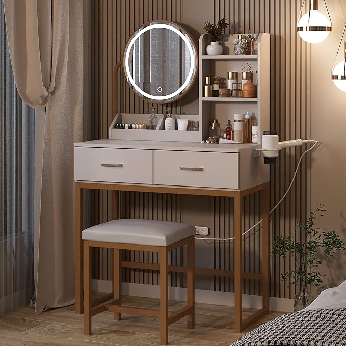 Makeup Vanity Desk with Round Mirror and Lights, White Vanity Makeup Table, Small Vanity Table for Bedroom with Lots Storage, 3 Lighting Modes, 31.5in(L)