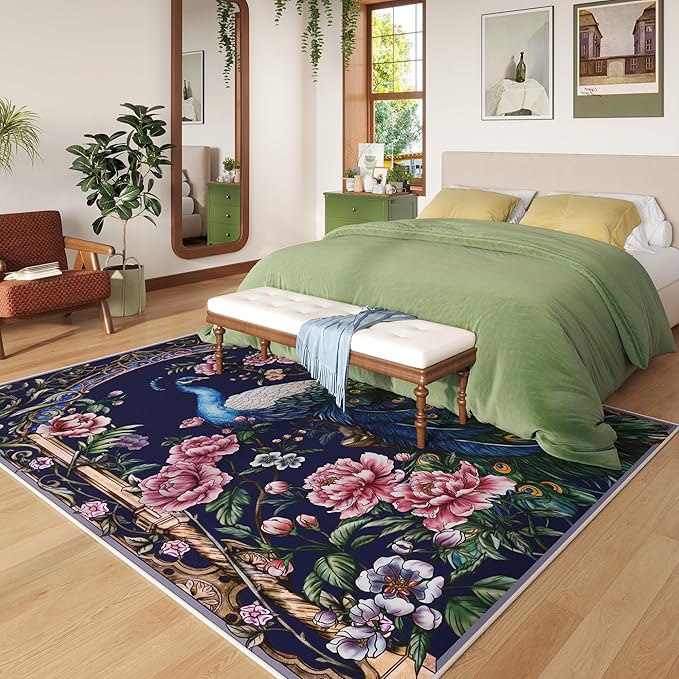 Living Room Rug 5x7 Rug Machine Washable Floral Peacock Area Rug Non Slip Floral Animal Vintage Low Pile Large Rug for Living Room, Bedroom, Farmhouse, Dining Room, Kids Playroom (Cobalt blue)