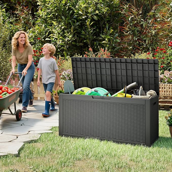 Outdoor Storage Box, 60 Gallon Waterproof Resin Deck Box, Storage Bin for Package Delivery, Patio Furniture Cushion, Garden Tools, Pool Accessories, Weatherproof and UV Resistant, Black