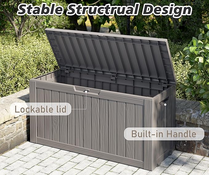 75 Gallon Outdoor Storage Box, Waterproof Resin Deck Box with Lockable Lid, Patio Furniture Side Table & Storage Bin for Package Delivery, Patio Cushions, Garden Tools, Pool Accessories, Grey