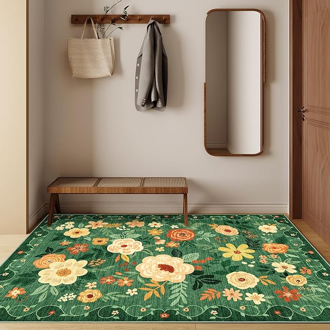 DUKINO 3x5 Area Rug, Floral Rugs for Living Room, Lightweight Non Slip Washable Rug, Indoor Low Pile & Non-Shedding Boho Design Rugs for Bedroom, Living Room, Dining Room, Dark Green