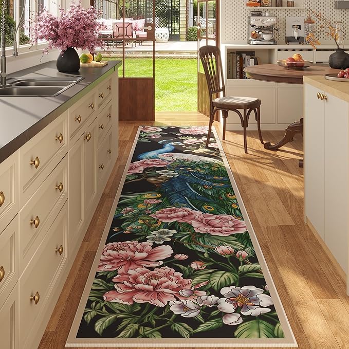 Round Rug 4ft Washable Circle Rug Non Slip Low Pile Floral Peacock Animal Small Circular Rug for Bedroom, Bathroom, Entryway, Kids Room, Office, College Dorm (Black)