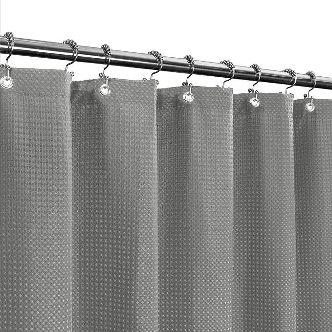 Shower Curtain Fabric 60 x 72 inch, Waffle Weave, Hotel Luxury Spa, 230 GSM Heavy Duty, Water Repellent, Machine Washable, Gray Pique Pattern Decorative Bathroom Curtain