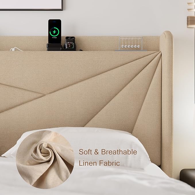 King Size Upholstered Bed Frame with Charging Station, Modern Minimalist Headboard, Solid Wood Slats Support, No Box Spring Needed, Noise Free, Beige