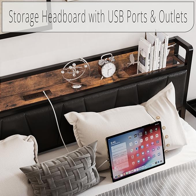 LIKIMIO King Bed Frame, Storage Headboard with Charging Station, Solid and Stable, Noise Free, No Box Spring Needed, Easy Assembly (Vintage and Black)