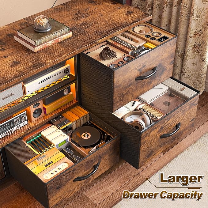 TV Stand for 55 60 inch TV, Large Wall Unit Entertainment Center with LED Lights & Power Outlets, TV Stands for Living Room, Closet, Entryway,13.8" D x 55" W x 61" H, Rustic Brown