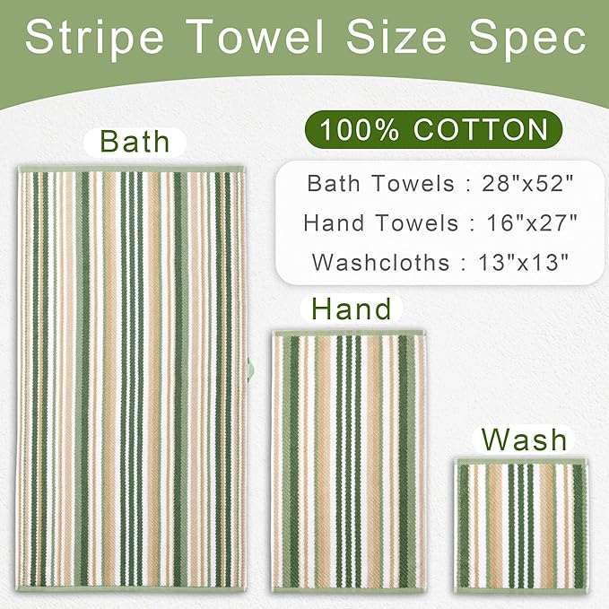 VOOVA & MOVAS Green Striped Towels - 100% Cotton, Quick Dry, Soft & Absorbent, 6PC Cotton Towels Set (Wash Cloth 13"x13"), Luxury Towel Set for Bathroom, Sage and Beige