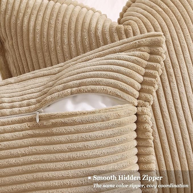 decorUhome Corduroy Light Brown Throw Pillow Covers 18x18 Set of 2 Decorative Soft Boho Striped Neutral Euro Farmhouse Couch Pillow Covers with Broadside for Living Room Bed Sofa