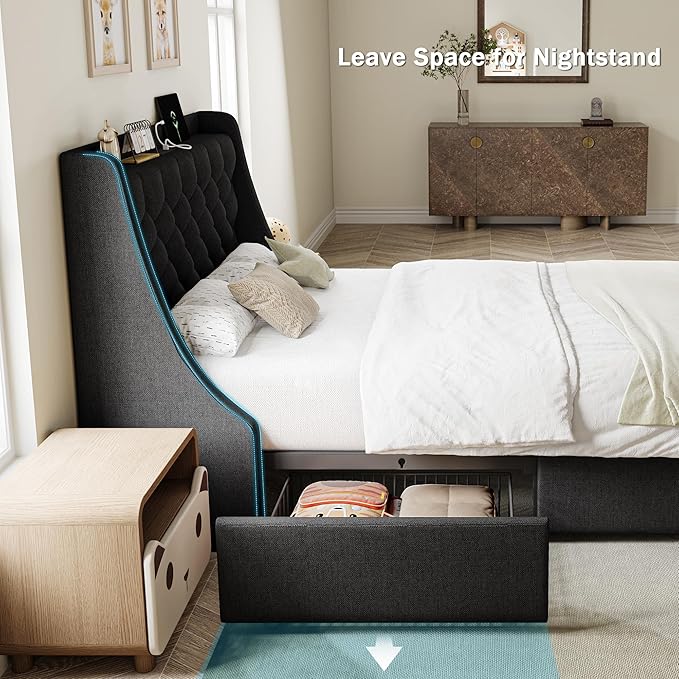 Twin Bed Frame with 4 Storage Drawers, Giant Upholstered Wingback Headboard, Fast Charging Station, No Box Spring Needed, Noise-Free, Black