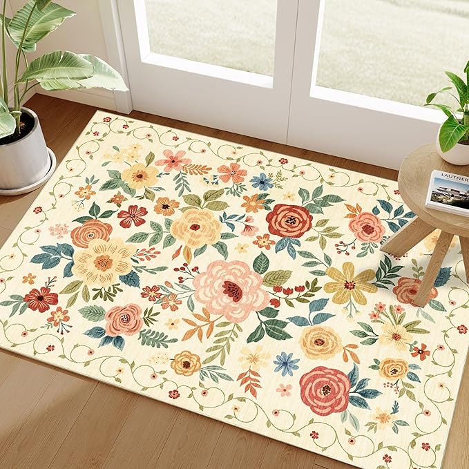 DUKINO 2x3 Rugs for Entryway, Floral Indoor Washable Door Mat, Non Slip Boho Small Rug for Kitchen, Soft Low Pile Front Door Throw Rug for Entrance, Bedroom, Kitchen, Laundry, Bathroom, Beige Yellow