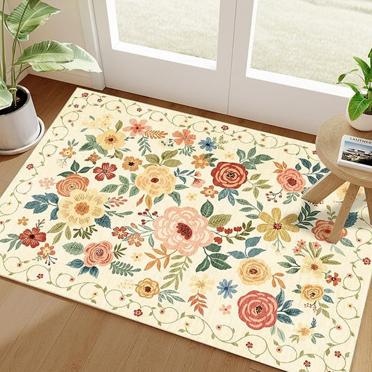 DUKINO 2x3 Rugs for Entryway, Floral Indoor Washable Door Mat, Non Slip Boho Small Rug for Kitchen, Soft Low Pile Front Door Throw Rug for Entrance, Bedroom, Kitchen, Laundry, Bathroom, Beige Yellow