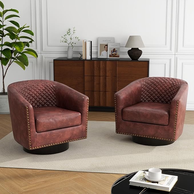 Swivel Barrel Accent Chair, Comfy Modern Upholstered Round Faux Leather Arm Chair for Living Room, Bedroom（Red Brown, Set of 4