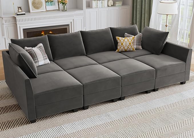 HONBAY Modular Sectional Sleeper Sofa Velvet Sleeper Couch with Storage Seats Oversized Sectional for Living Room,Grey