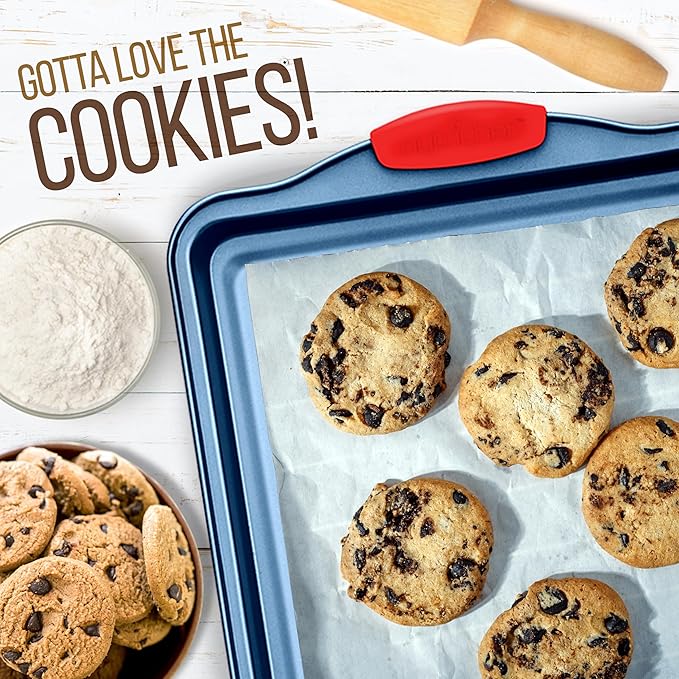 NutriChef Nonstick 3-Piece Baking Pans Set – Carbon Steel Bakeware with Blue Coating Inside & Outside and Red Silicone Handles, Durable and Reliable, Effortless Baking and Easy Cleanup (Blue)