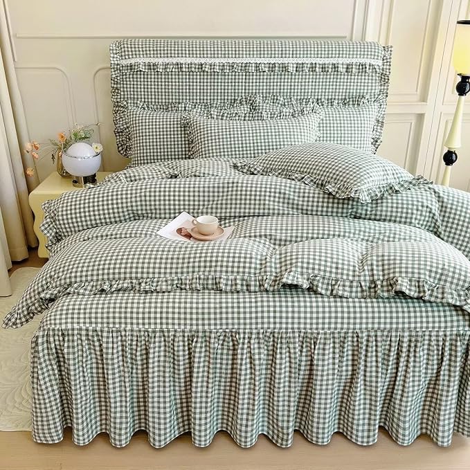 mixinni Vintage Green Gingham Ruffle Comforter Set 3-Piece Washed Cotton Queen Size Grid Bedding Set with Geometric Checkered Pattern, Farmhouse Chic Soft Fluffy Comforter for All-Season