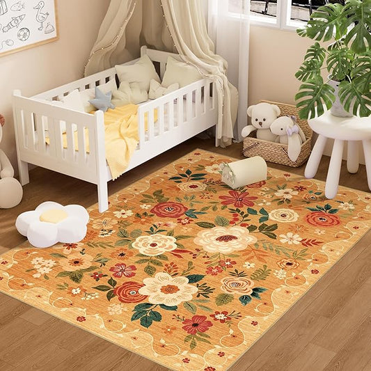 DUKINO 4x6 Area Rug, Lightweight Non Slip Washable Floral Rug, Indoor Low Pile & Non-Shedding Boho Design Rugs for Bedroom, Living Room, Dining Room, Orange