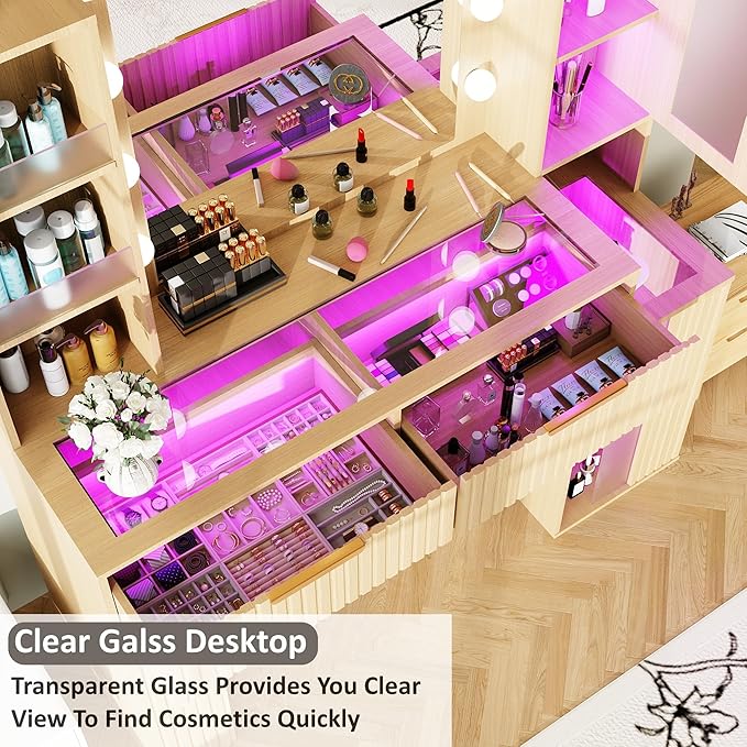 Vanity Desk with Mirror and Lights with Glass Table Top, Makeup Vanity Table with LED Lights,Dressing Table with Storage Cabinet, Brightness Adjustable, Vanity Set for Bedroom,Oak