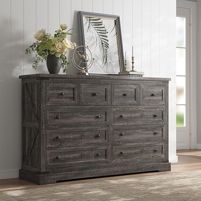 EnHomee 10 Drawer Dresser for Bedroom,55.11" W Wood Dressers and Chests of Drawers with Smooth Metal Rail,Large and Wide TV Stand Hallway,Dark Rustic Oak,14.9" D x 55.11" W x 35.6" H