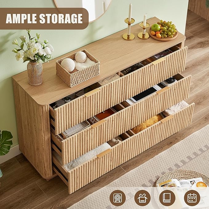 VMU Fluted Dresser for Bedroom with 6 Drawers，55" Modern Wooden Chest of Drawers with Metal Handles, TV Stand with Curved Profile, Closet Clothes Storage Organizer for Living Room, Hallway (Oak)